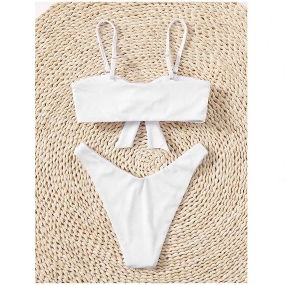 NEW Women’s White Solid Knot High Cut Bikini Swimsuit- Size L(10/12) - Picture 3 of 6
